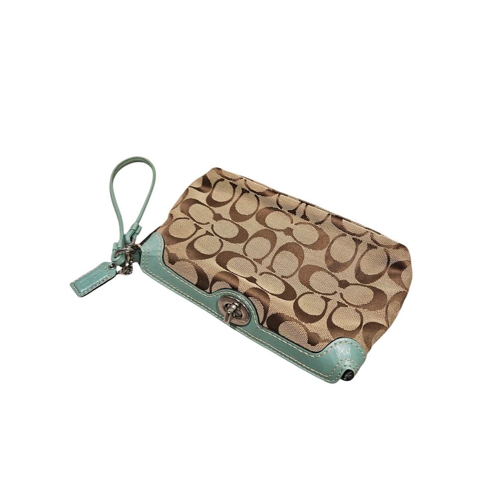 Coach Signature Khaki Mint Green Turnlock Wristlet pouch Y2K classic